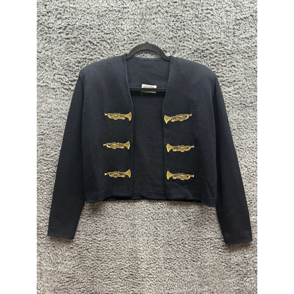St. Johns Womens Black Brass Trumpet Embroidered Open Cropped Cardigan Sweater
